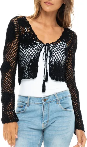 Back From Bali Womens 100% Cotton Crochet Tie-Front Artisan Shrug Sweater Cropped Lightweight Flower Knit Bolero