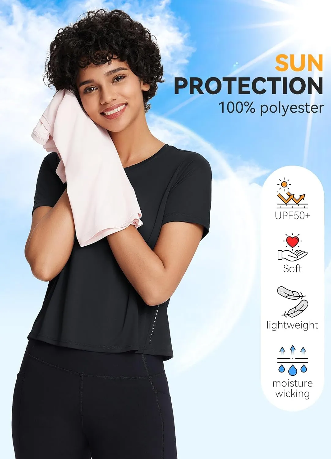 baleaf Women's Workout Tops Athletic Shirts Cropped Short Sleeve Split Back Running Gym Quick Dry Sun Protection UPF 50 