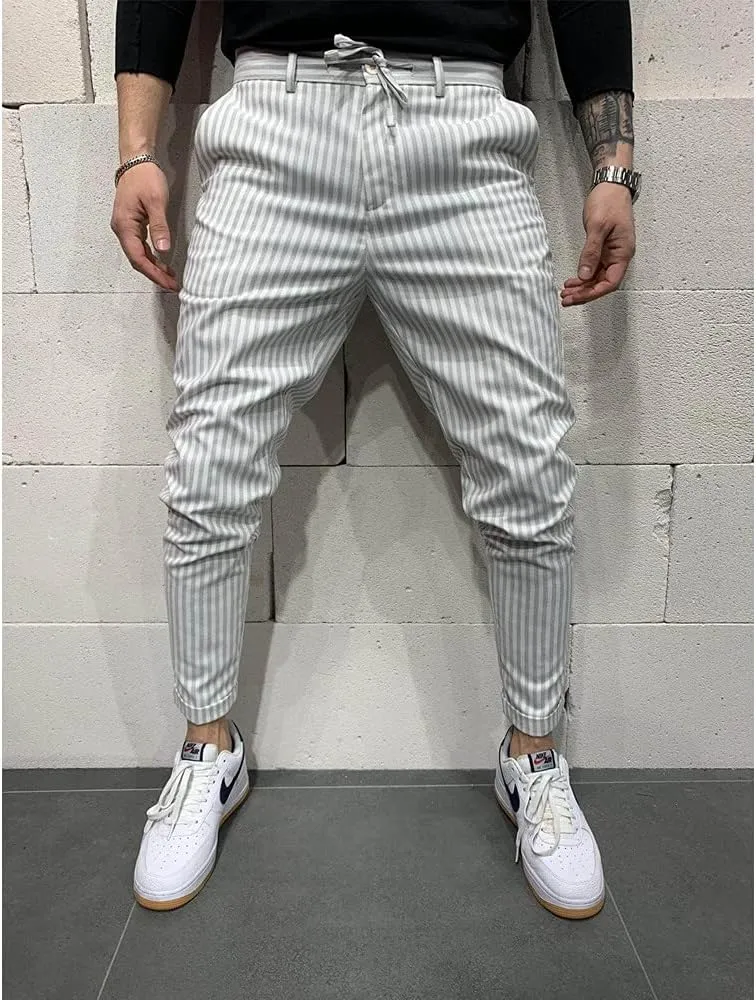 Banana Bucket Mens Striped Casual Chinos Slim Fit Skinny Tapered Zipper Pants with Pocket and Drawstring