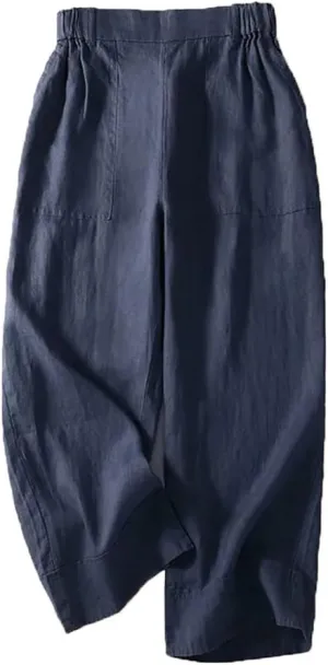 Bciopll Women's Loose Pocket Wide Legs Cotton Linen Pants Casual Solid Cropped Trousers Elastic Waist Linen Pants Summer