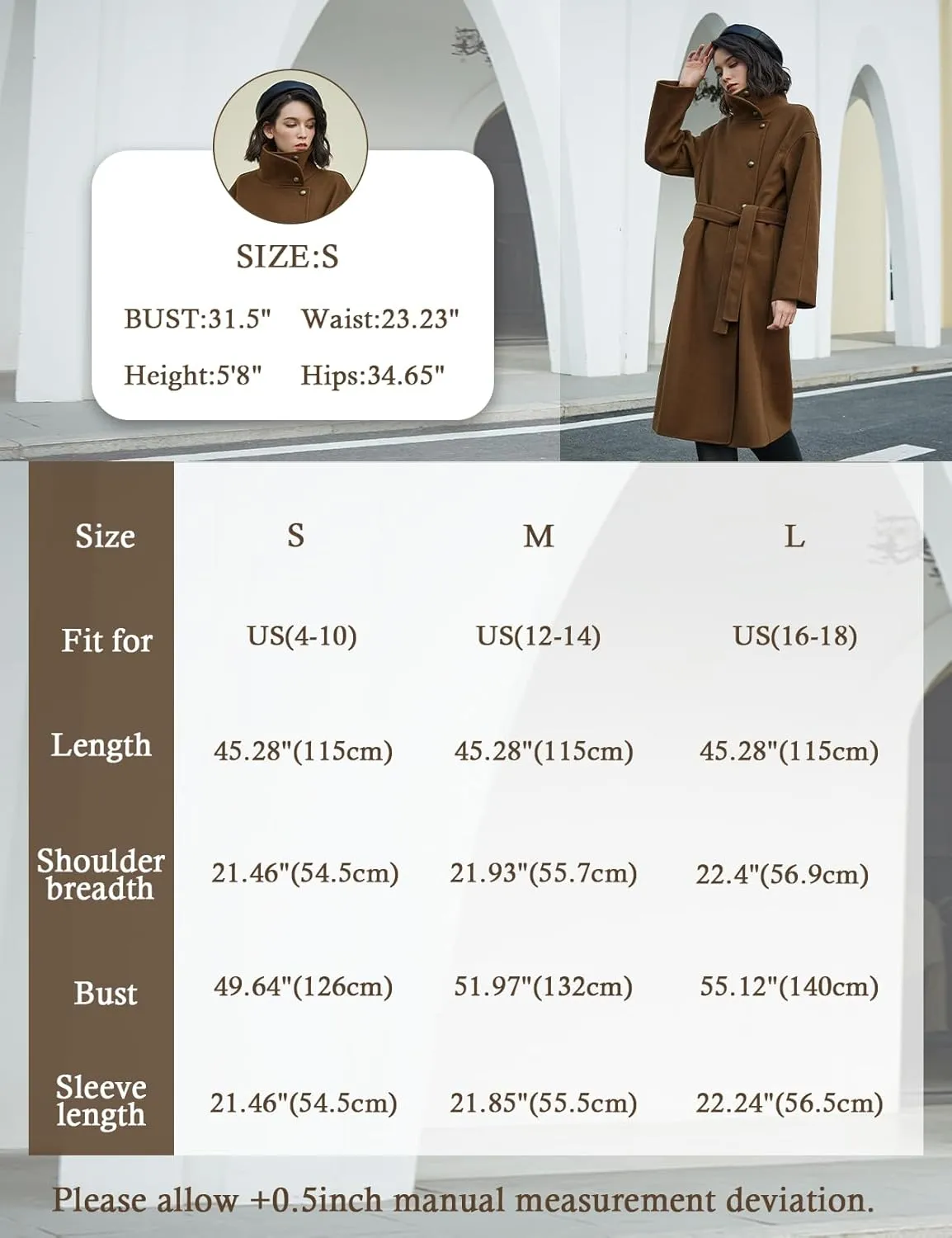 BEAUTELICATE Womens Wool Coat Single Breasted Winter Long Trench Coat with Belt 2 Pockets