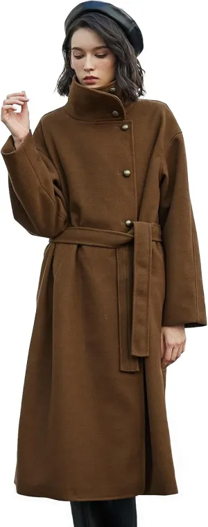 BEAUTELICATE Womens Wool Coat Single Breasted Winter Long Trench Coat with Belt 2 Pockets