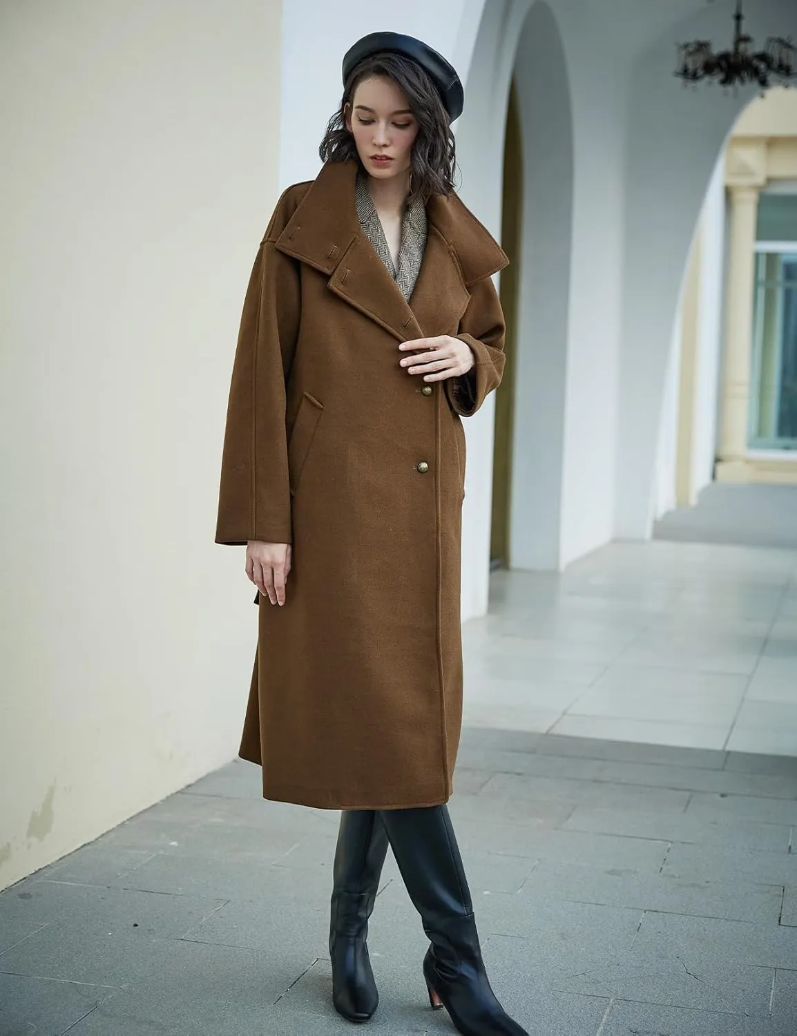 BEAUTELICATE Womens Wool Coat Single Breasted Winter Long Trench Coat with Belt 2 Pockets