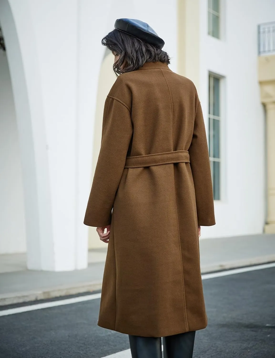BEAUTELICATE Womens Wool Coat Single Breasted Winter Long Trench Coat with Belt 2 Pockets