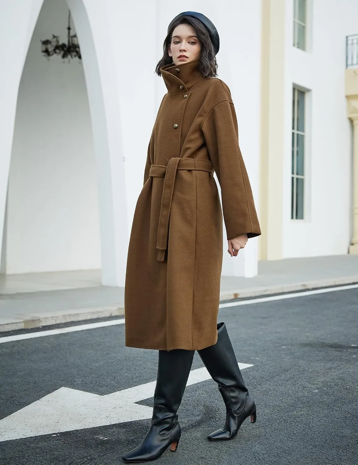 BEAUTELICATE Womens Wool Coat Single Breasted Winter Long Trench Coat with Belt 2 Pockets