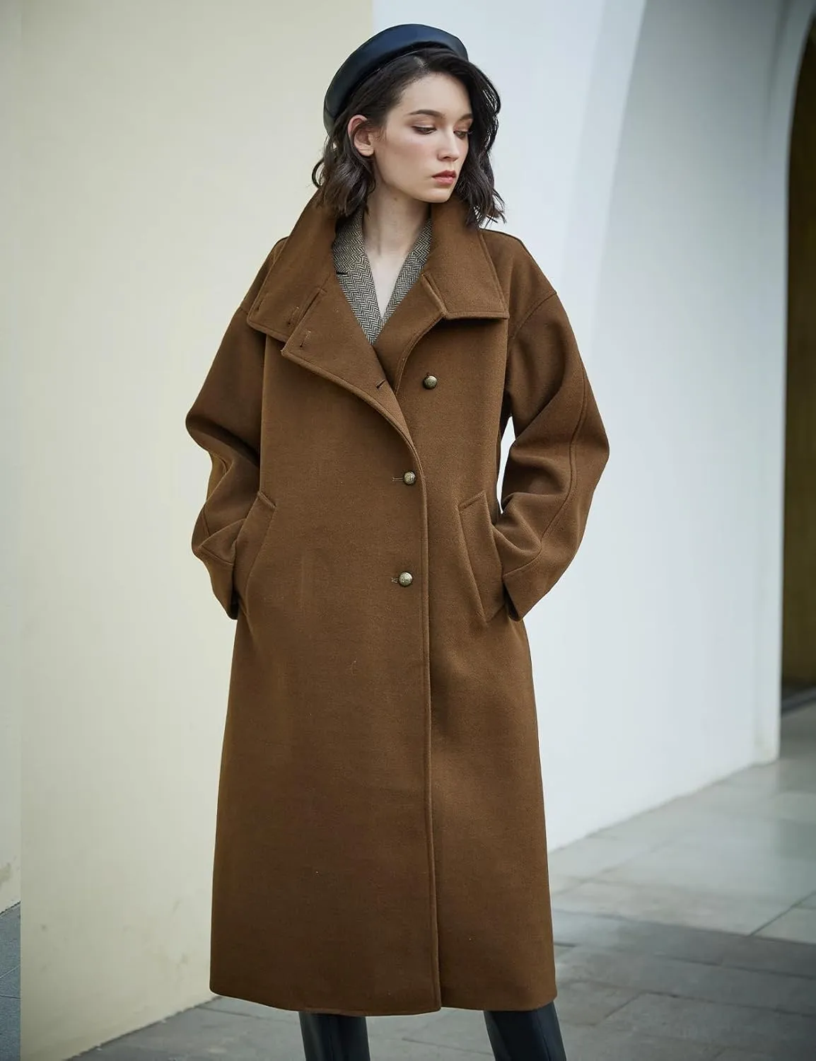 BEAUTELICATE Womens Wool Coat Single Breasted Winter Long Trench Coat with Belt 2 Pockets