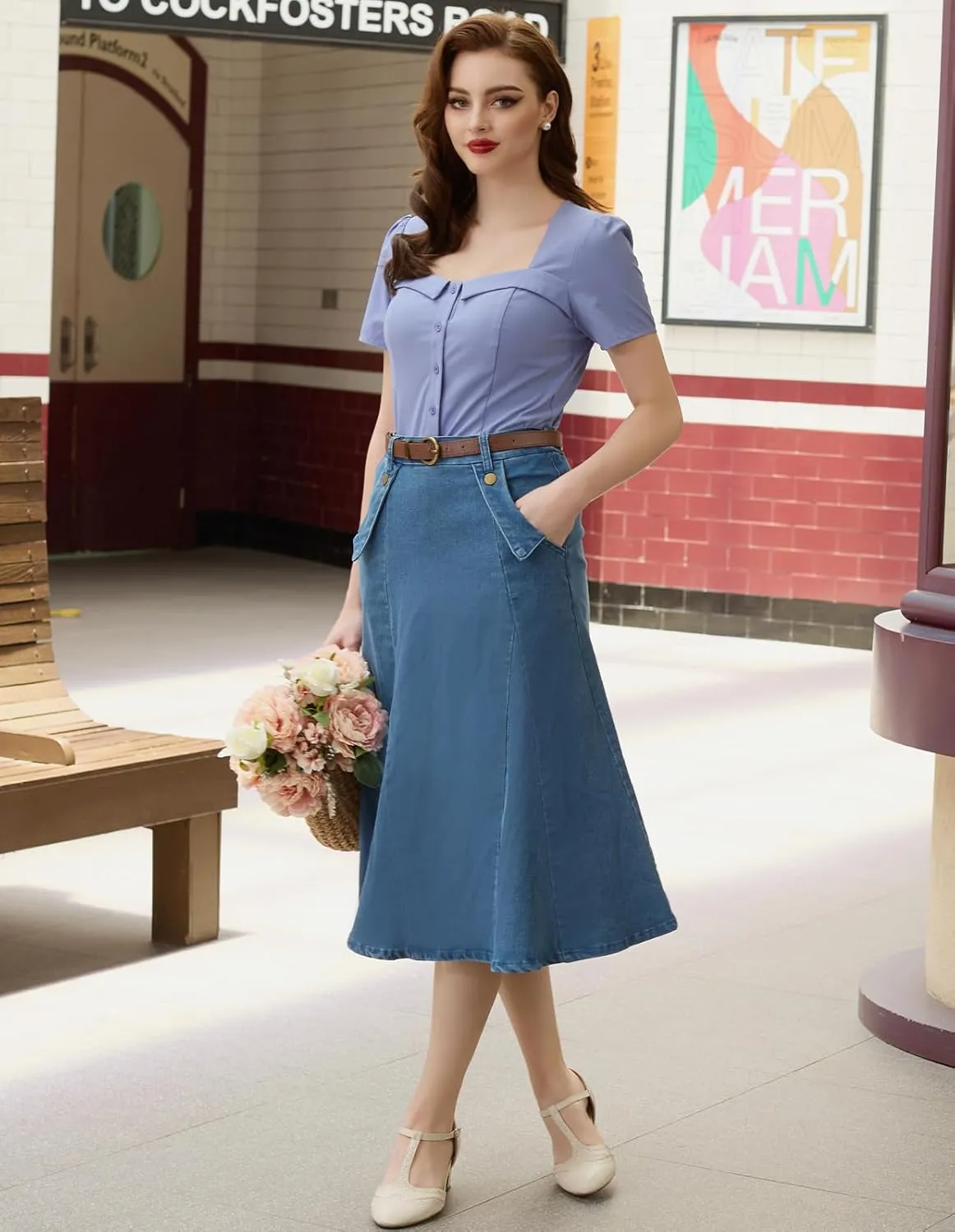 Belle Poque Women's Denim Skirts Vintage Elastic High Waist A-Line Long Maxi Jean Skirts with Pockets