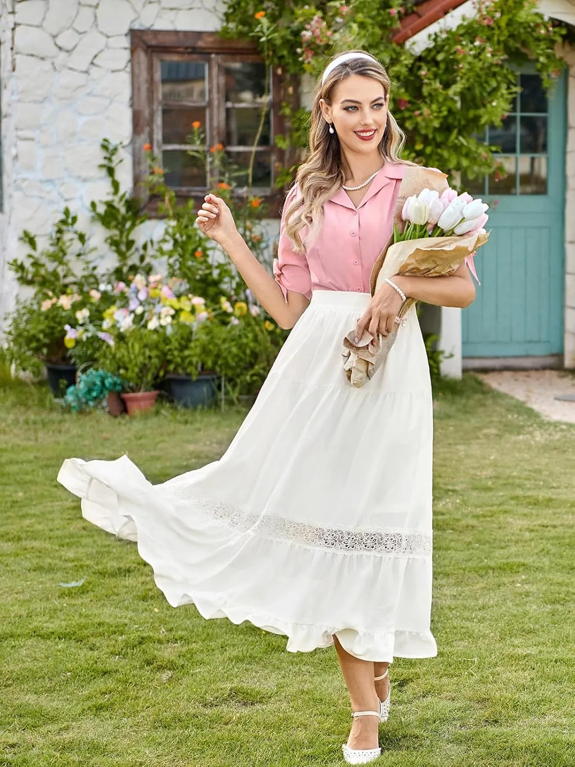 Belle Poque Women's Midi Skirt Boho Flowy Spring Summer Elastic Waist Aline Ruffle Lace Tiered Skirt with Pockets 2025