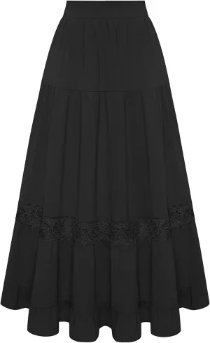 Belle Poque Women's Midi Skirt Boho Flowy Spring Summer Elastic Waist Aline Ruffle Lace Tiered Skirt with Pockets 2025