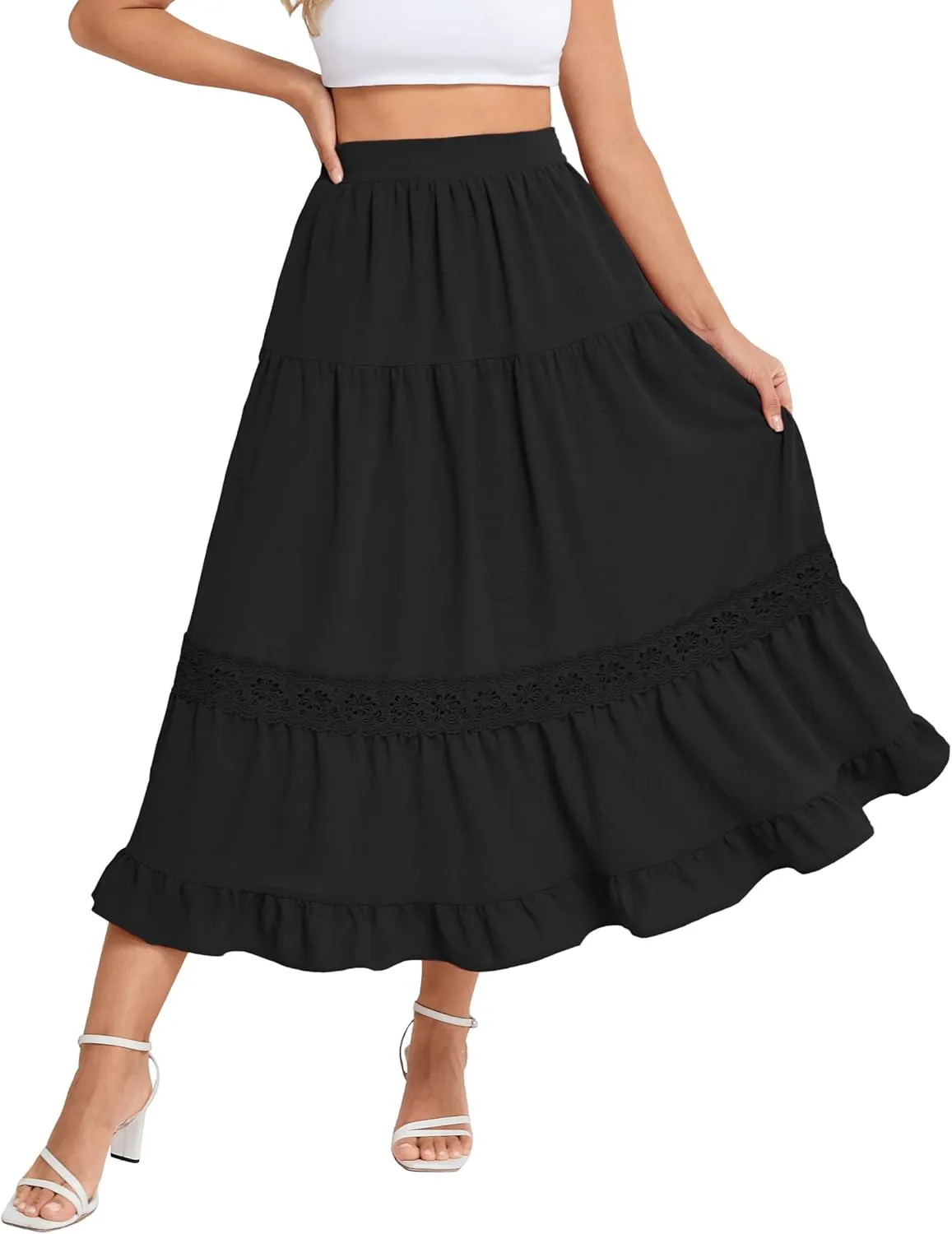 Belle Poque Women's Midi Skirt Boho Flowy Spring Summer Elastic Waist Aline Ruffle Lace Tiered Skirt with Pockets 2025