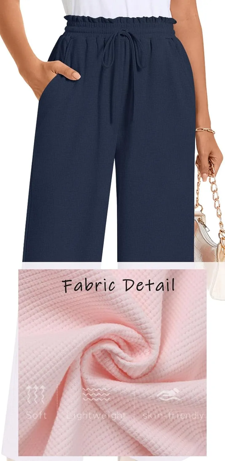 Bestbee 2025 Spring Business Casual Pants for Women, Loose Fit Long Trousers High Waist Waffle Knit Sweatpants with Pockets
