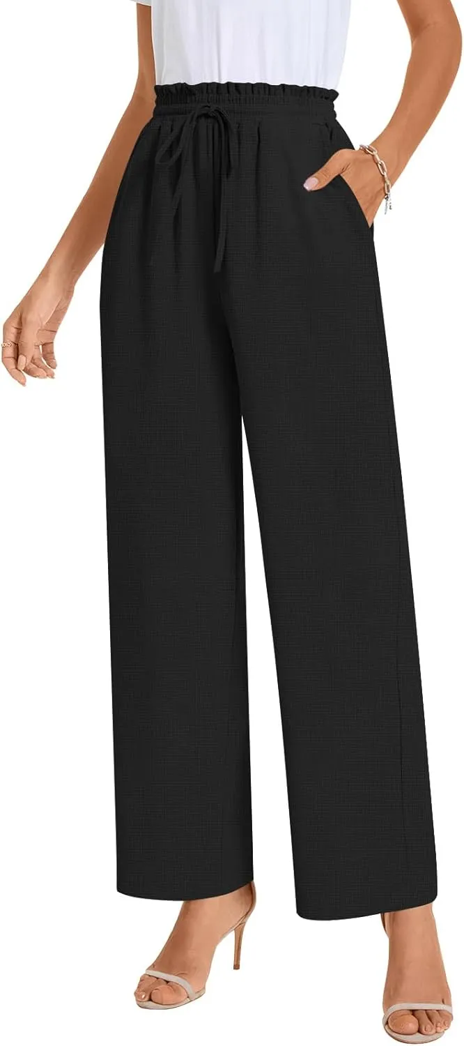 Bestbee 2025 Spring Business Casual Pants for Women, Loose Fit Long Trousers High Waist Waffle Knit Sweatpants with Pockets