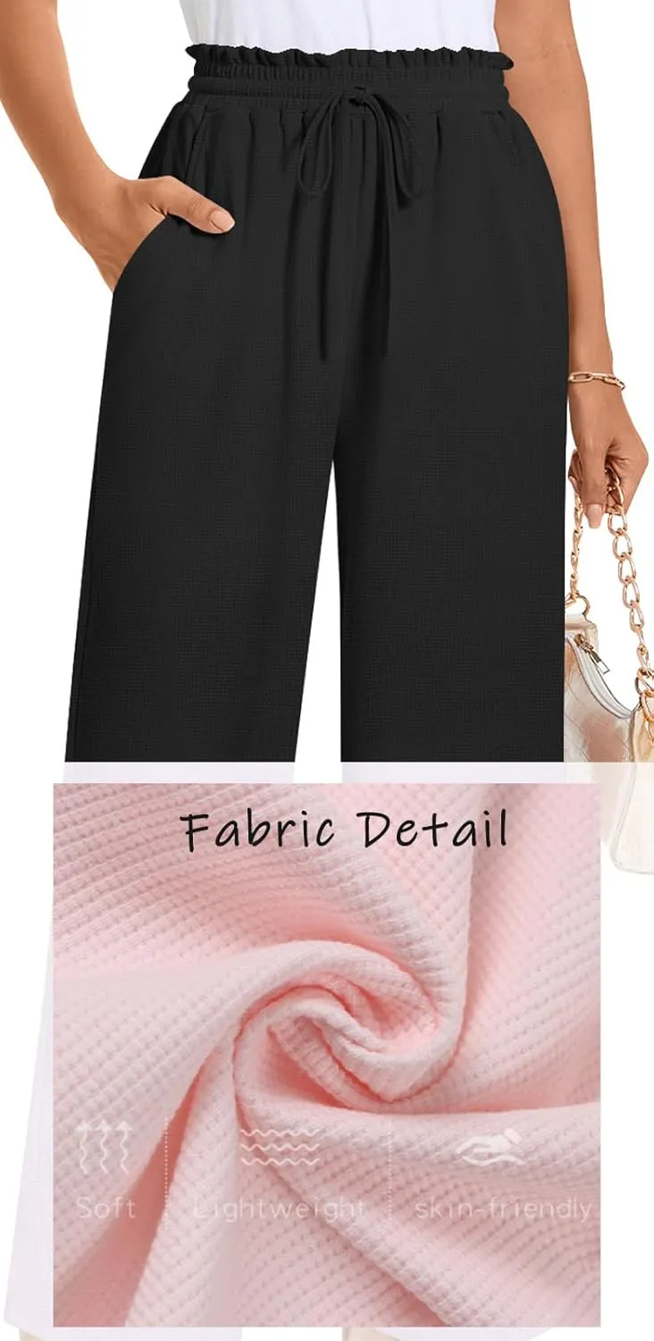 Bestbee 2025 Spring Business Casual Pants for Women, Loose Fit Long Trousers High Waist Waffle Knit Sweatpants with Pockets