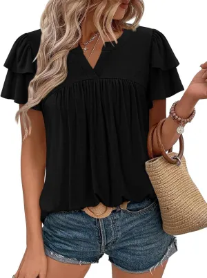 BETTE BOUTIK Womens Crewneck Short Sleeve Summer Tops Pleated Tunic Shirts S-3XL