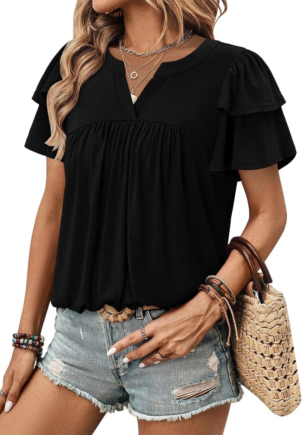 BETTE BOUTIK Womens Crewneck Short Sleeve Summer Tops Pleated Tunic Shirts S-3XL