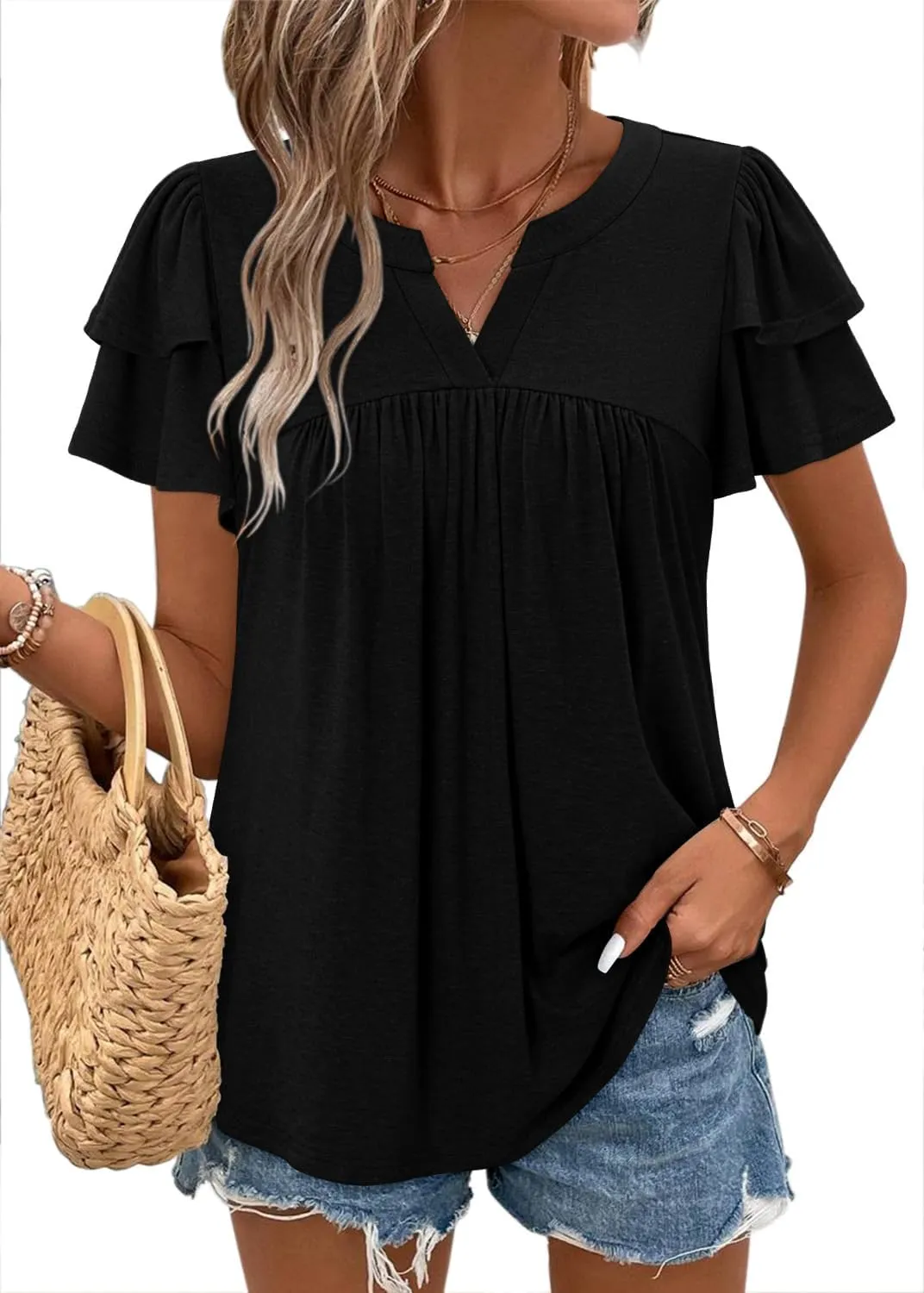 BETTE BOUTIK Womens Crewneck Short Sleeve Summer Tops Pleated Tunic Shirts S-3XL