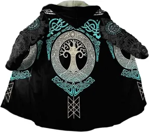 Black Viking Hooded Cloak Coat Novelty Hooded Poncho Jacket Nordic Myth Tree Of Life Pattern Cape Warm Viking Coat