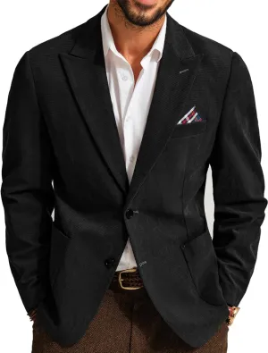 Blazer for Men Vintage Corduroy Jacket Peak Lapel Business Two Buttons Casual Sport Coats Black