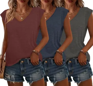Bliwov 3 Pack Womens Cap Sleeve Tops V Neck T Shirts Spring Summer Casual Plus Size Beach Vacation Fashion Basics Clothes