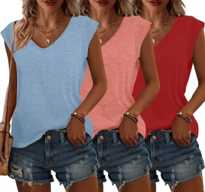 Bliwov 3 Pack Womens Cap Sleeve Tops V Neck T Shirts Spring Summer Casual Plus Size Beach Vacation Fashion Basics Clothes