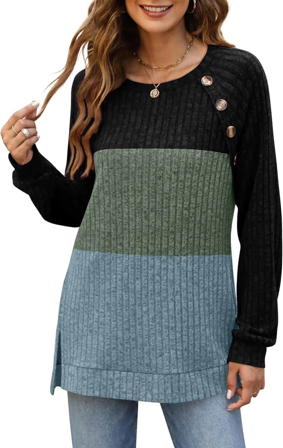 Bofell Long Sleeve Shirts for Women Lightweight Button Decor Tunic Tops Side Split