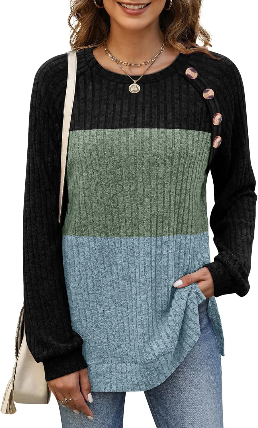 Bofell Long Sleeve Shirts for Women Lightweight Button Decor Tunic Tops Side Split