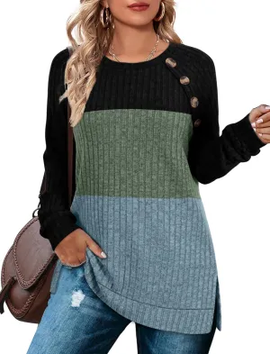 Bofell Long Sleeve Shirts for Women Lightweight Button Decor Tunic Tops Side Split