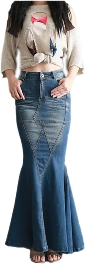 Bollrllr 2023 Ladies Fashion Fishtail Denim Skirt Elastic High Waist Slim Long Skirt