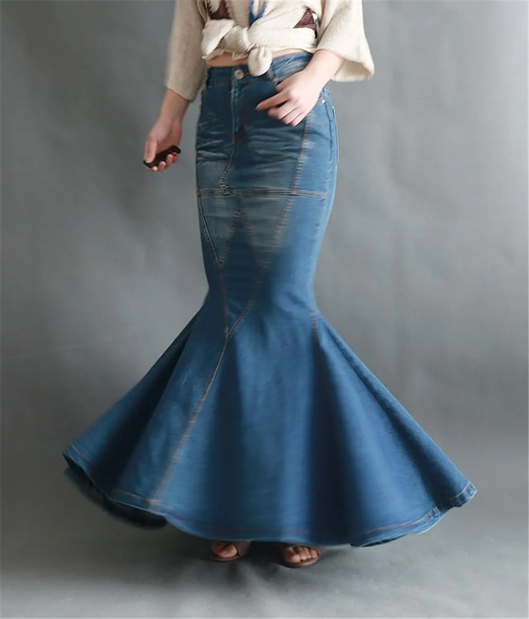 Bollrllr 2023 Ladies Fashion Fishtail Denim Skirt Elastic High Waist Slim Long Skirt