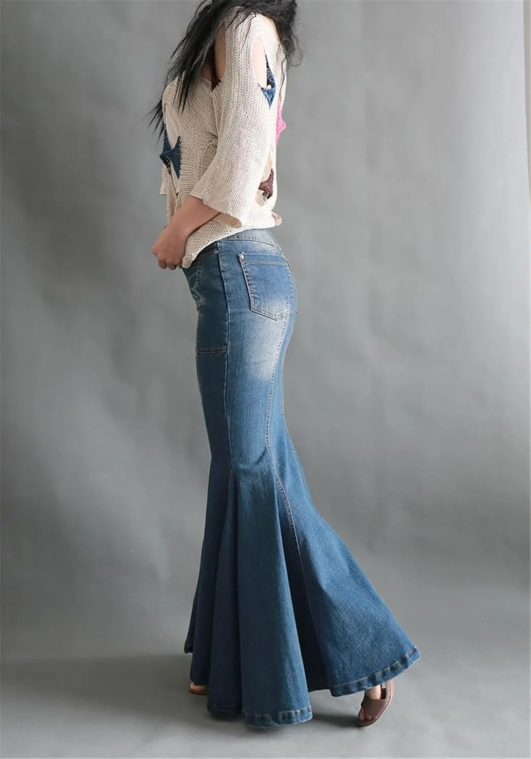 Bollrllr 2023 Ladies Fashion Fishtail Denim Skirt Elastic High Waist Slim Long Skirt