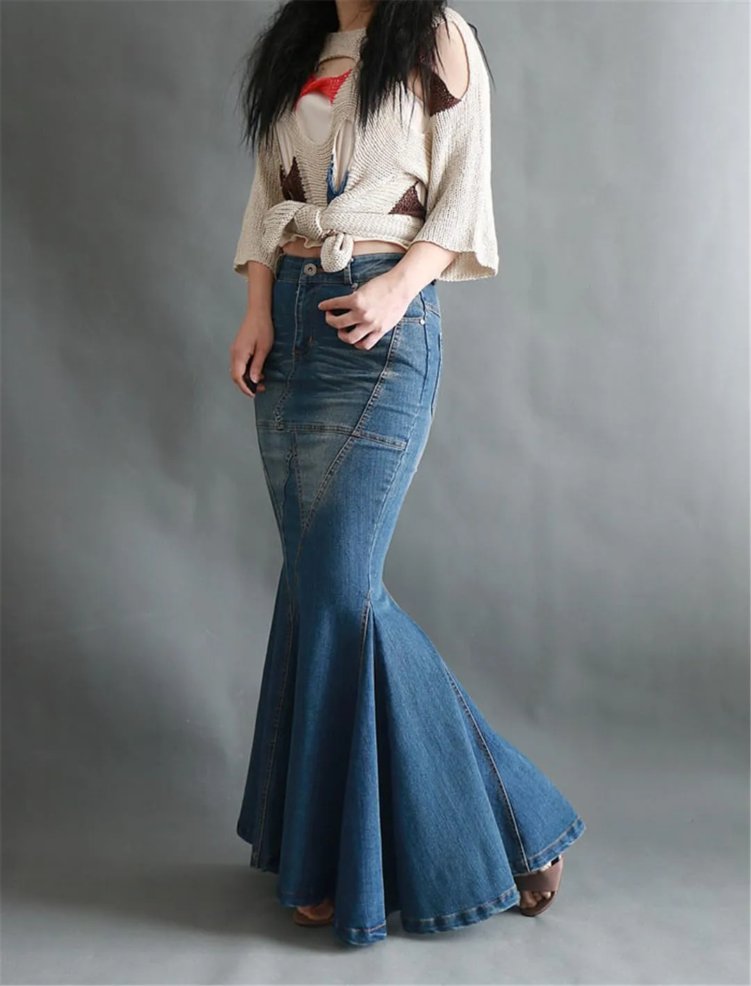 Bollrllr 2023 Ladies Fashion Fishtail Denim Skirt Elastic High Waist Slim Long Skirt
