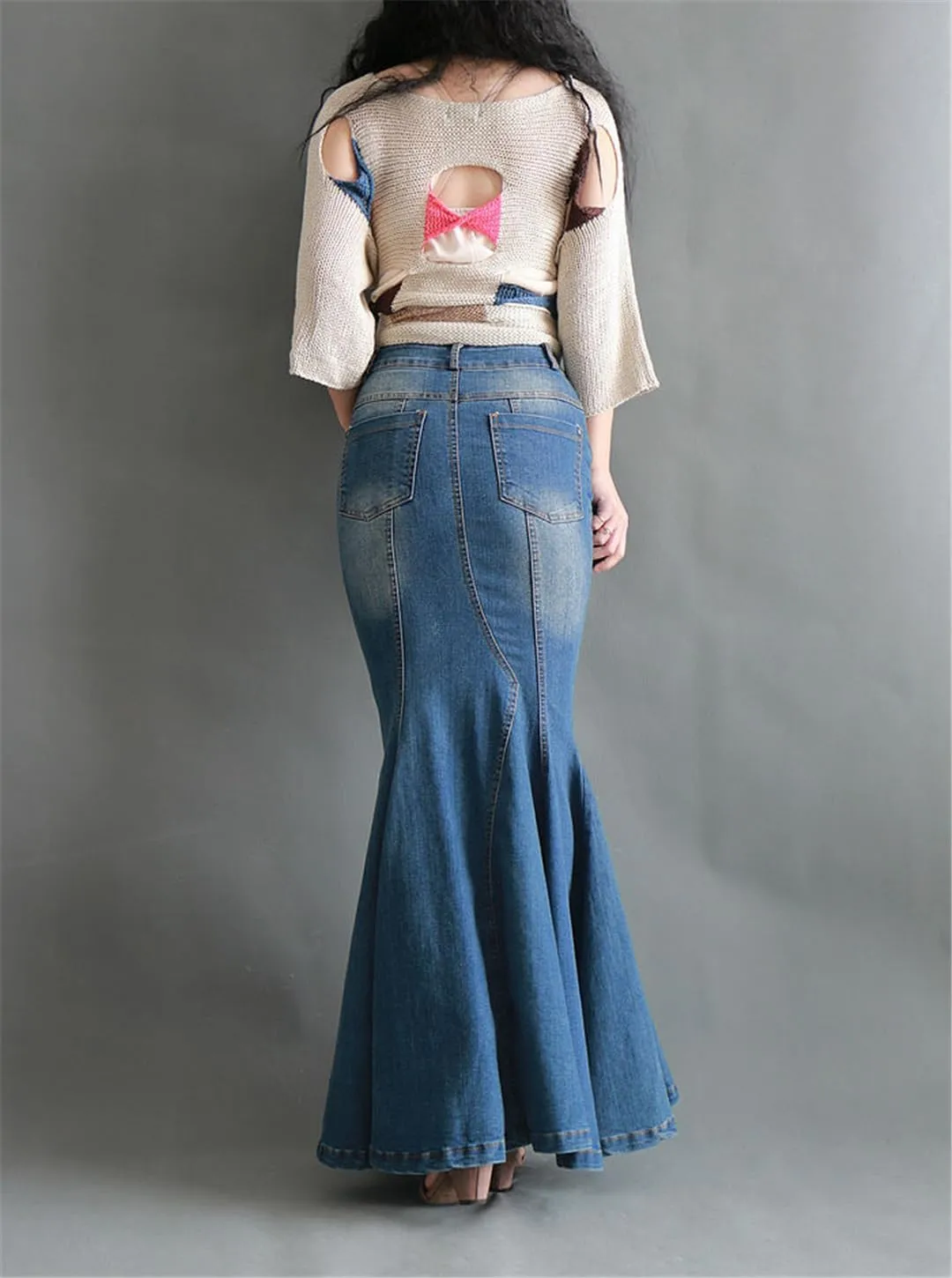 Bollrllr 2023 Ladies Fashion Fishtail Denim Skirt Elastic High Waist Slim Long Skirt