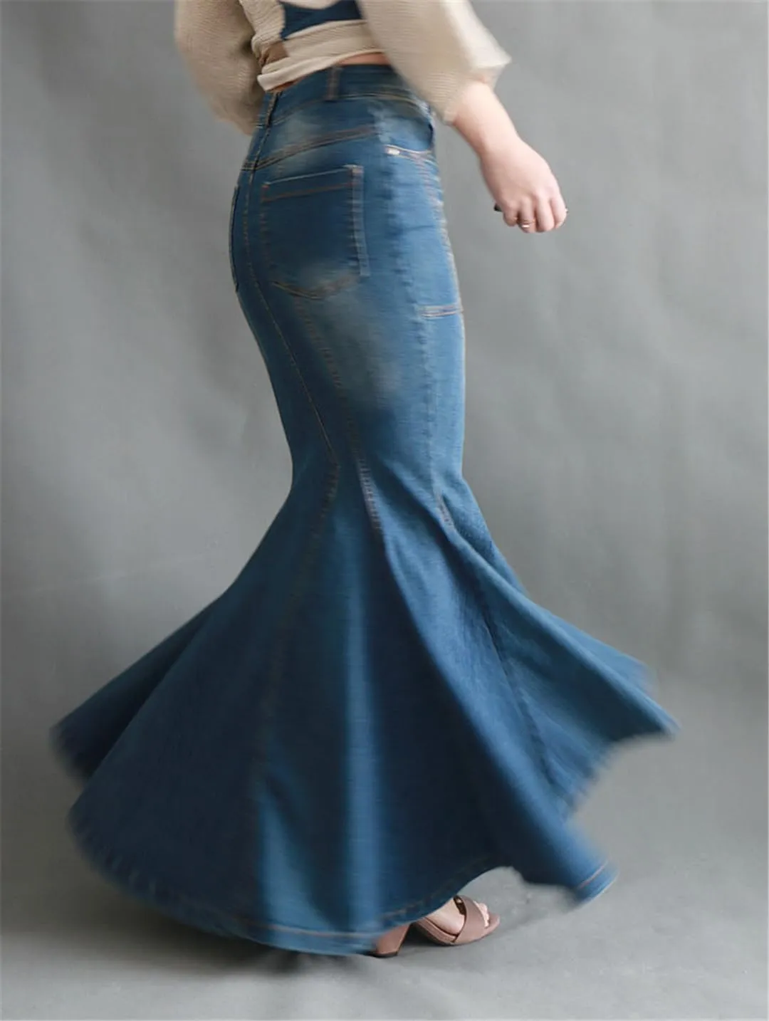 Bollrllr 2023 Ladies Fashion Fishtail Denim Skirt Elastic High Waist Slim Long Skirt