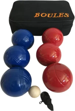 BuyBocceBalls Listing - 73mm Metal Petanque/Boules 6 Ball Set with 3 Blue and 3 red Balls and Black Bag