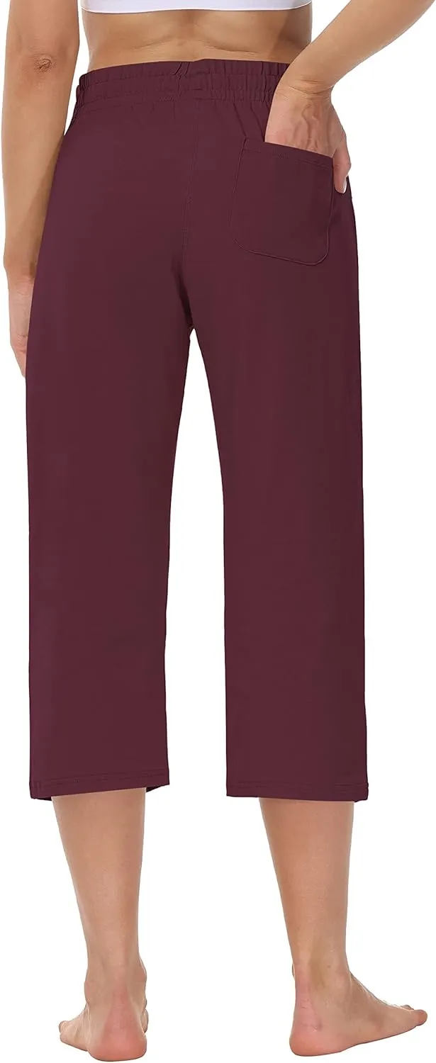 Cakulo Womens Capri Pants Wide Leg Yoga Capris Summer High Waisted Casual Lounge Cropped Pants with Pockets