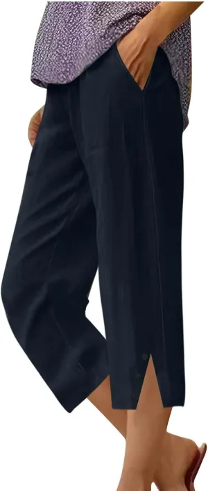 Capri Pants for Women Straight Wide Leg Linen Trousers Casual Lightweight Summer Clothing with Pockets