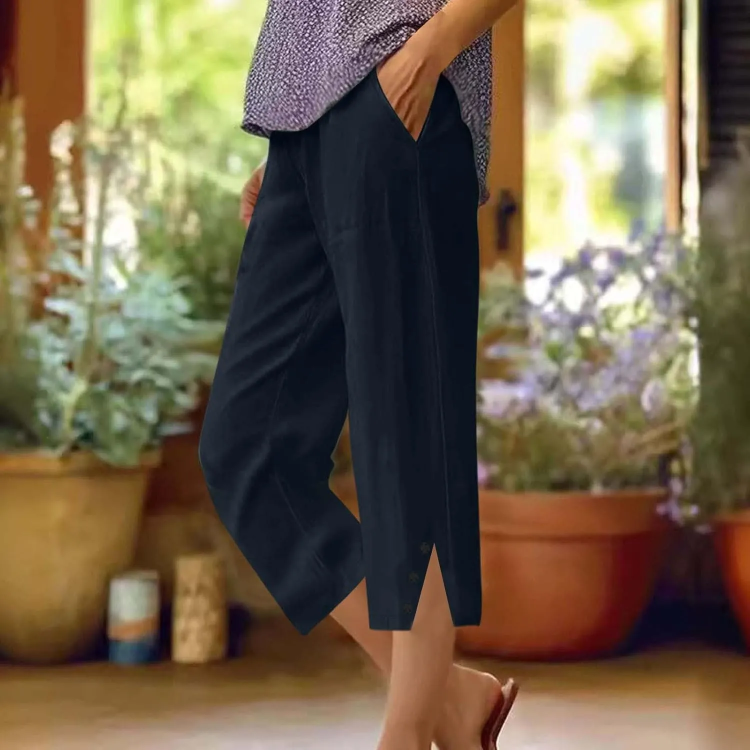 Capri Pants for Women Straight Wide Leg Linen Trousers Casual Lightweight Summer Clothing with Pockets