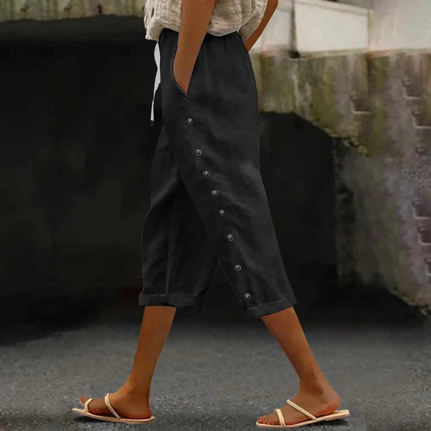 Capris Pants for Women Cotton Linen Casual Summer 2025 Straight Wide Leg Loose Drawstring Elastic Waist Cropped Trouser