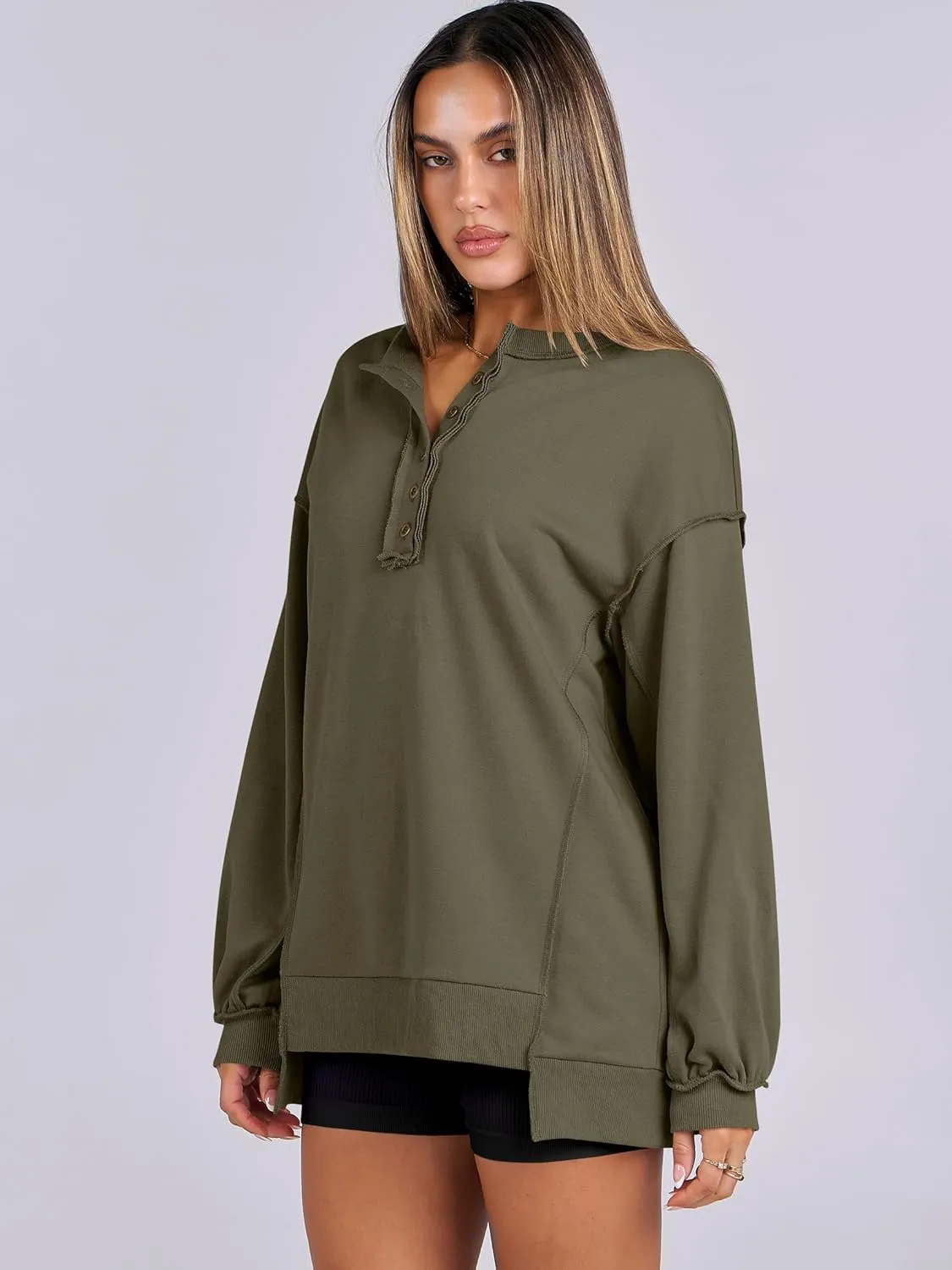 Caracilia Women's Oversized Sweatshirts Long Sleeve Henley Button Down Pullover Hoodies Tunic Tops 2025 Trendy Fall Clothes