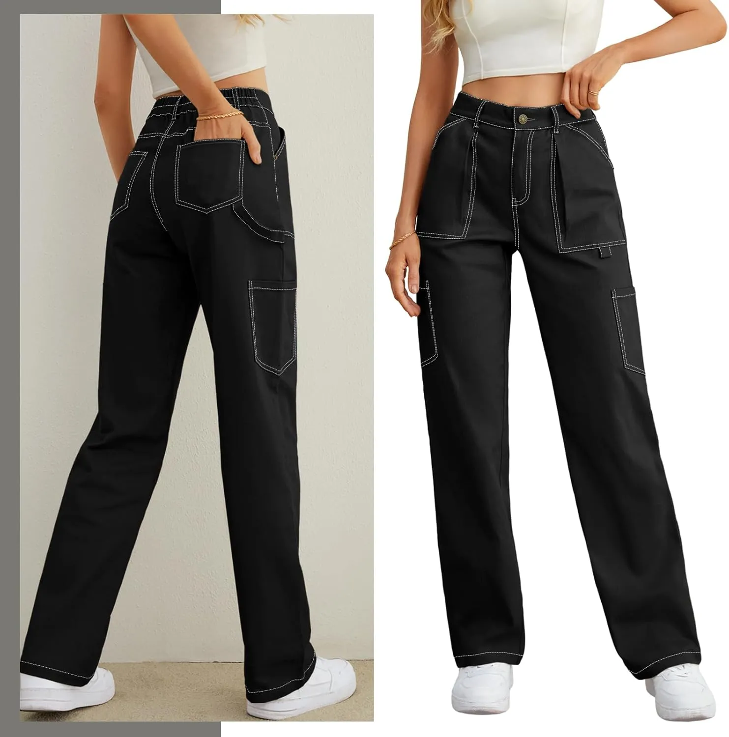 Cargo Pants Women High Waisted Wide Leg Casual Pants Baggy Stretchy Trousers Y2K Streetwear with 6 Pockets