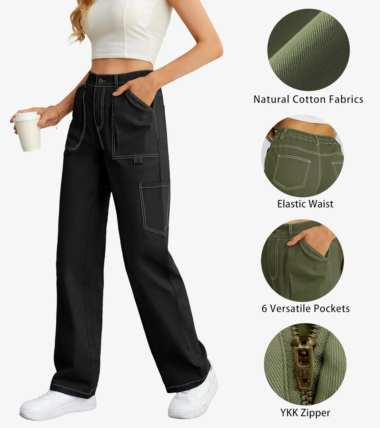 Cargo Pants Women High Waisted Wide Leg Casual Pants Baggy Stretchy Trousers Y2K Streetwear with 6 Pockets