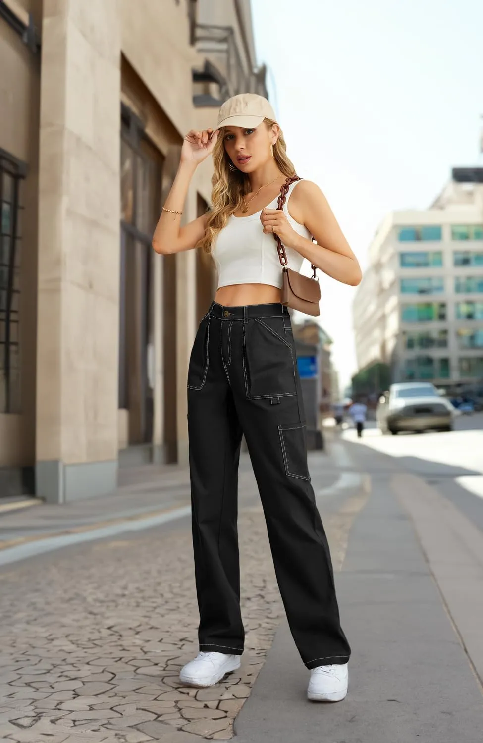 Cargo Pants Women High Waisted Wide Leg Casual Pants Baggy Stretchy Trousers Y2K Streetwear with 6 Pockets