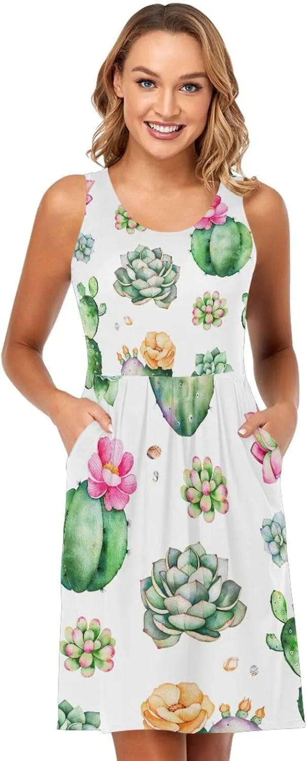 Casual Dresses Women's Summer Sleeveless Swing Pockets Cover Up Sundress(S-2XL)