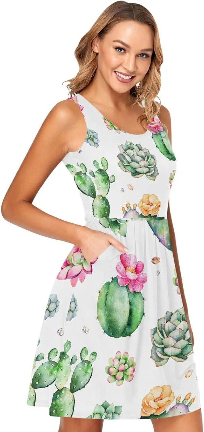 Casual Dresses Women's Summer Sleeveless Swing Pockets Cover Up Sundress(S-2XL)
