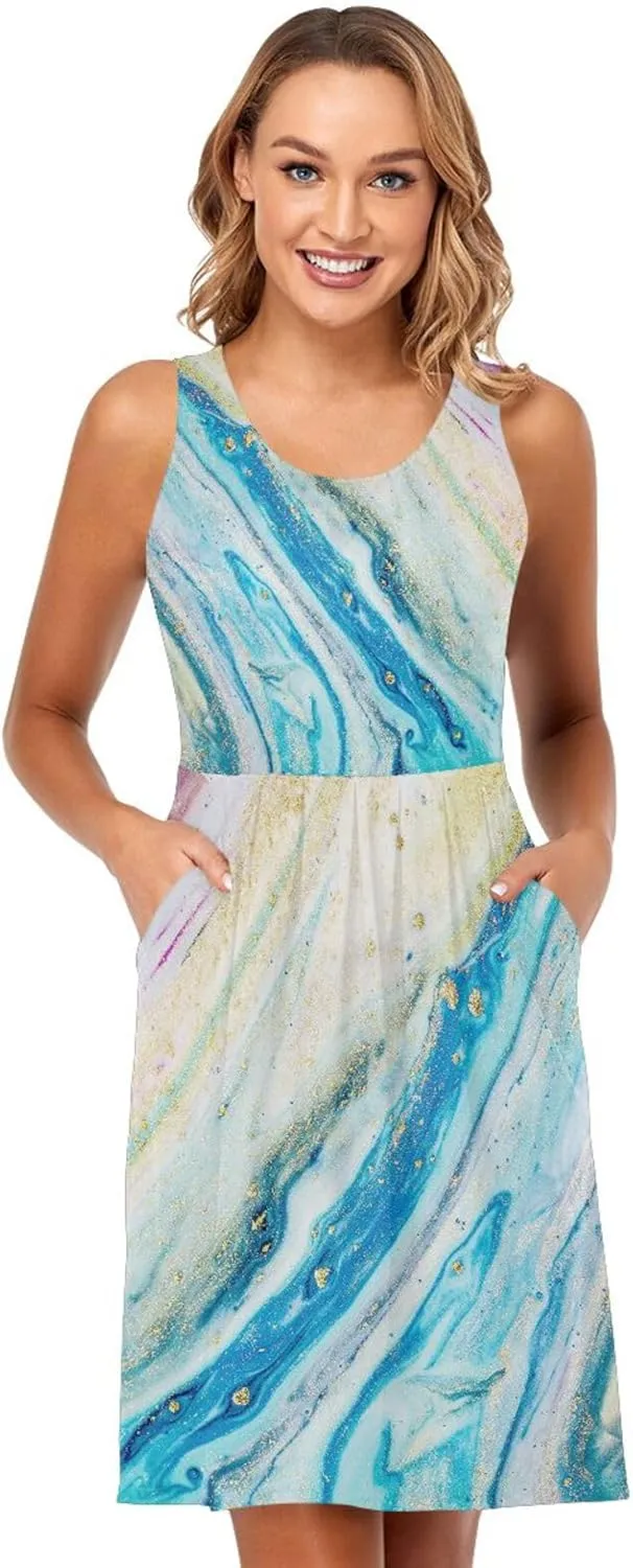 Casual Dresses Women's Summer Sleeveless Swing Pockets Cover Up Sundress(S-2XL)