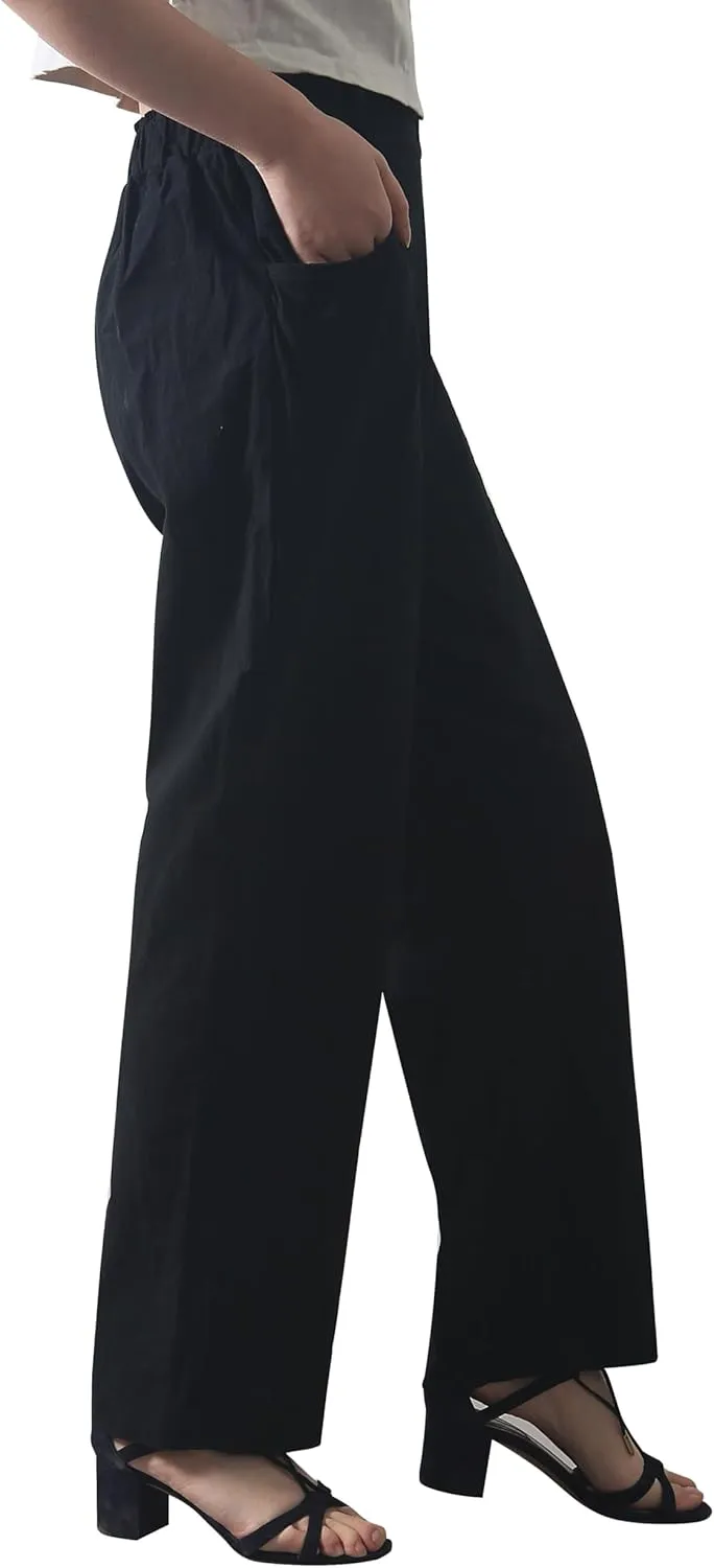 Casual Linen High Waist Pants with Elastic Waistband and Straight-Leg Design Summer Trousers with Side Pockets