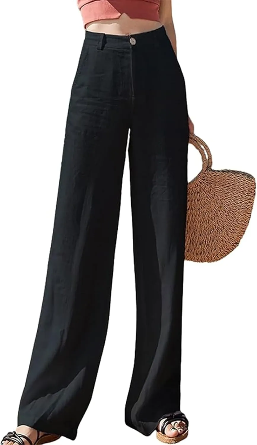 Casual Linen High Waist Pants with Elastic Waistband and Straight-Leg Design Summer Trousers with Side Pockets