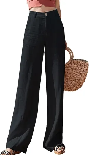 Casual Linen High Waist Pants with Elastic Waistband and Straight-Leg Design Summer Trousers with Side Pockets