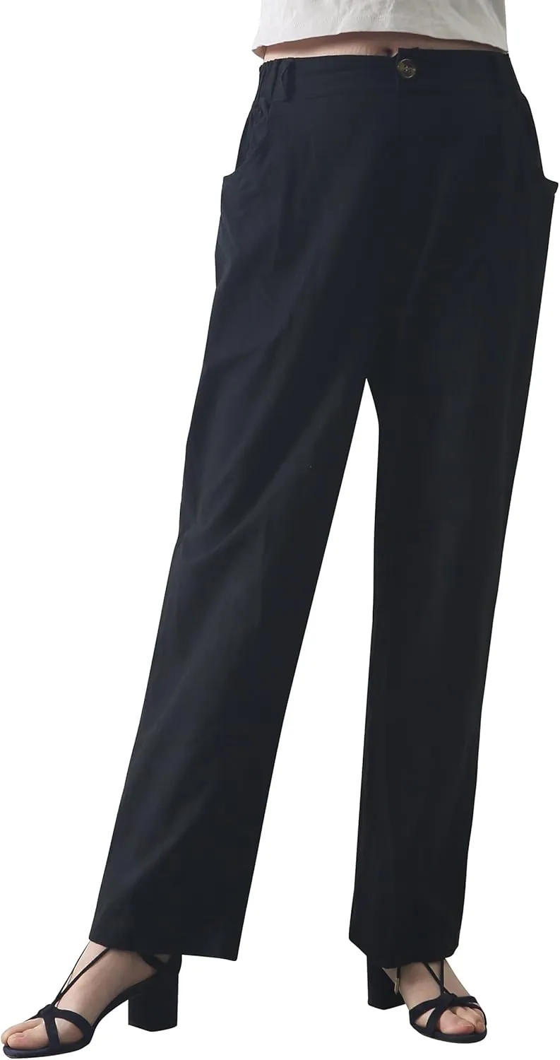 Casual Linen High Waist Pants with Elastic Waistband and Straight-Leg Design Summer Trousers with Side Pockets