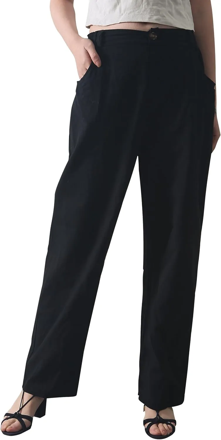 Casual Linen High Waist Pants with Elastic Waistband and Straight-Leg Design Summer Trousers with Side Pockets